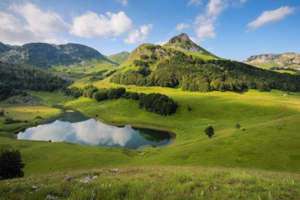 Grüner Berghang mit kleinem See, umgeben von Wäldern und Bergen unter blauem Himmel.