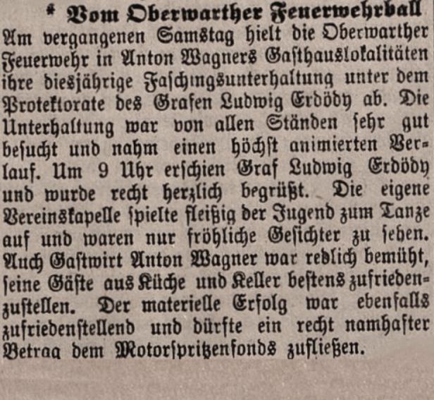 Ausschnitt eines alten deutschsprachigen Zeitungsartikels über einen Feuerwehrball mit festlicher Stimmung und prominenten Gästen.