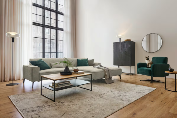 Helles Wohnzimmer mit großem Fenster, grauem Sofa, grünem Sessel mit Katze, Teppich und modernen Möbeln.