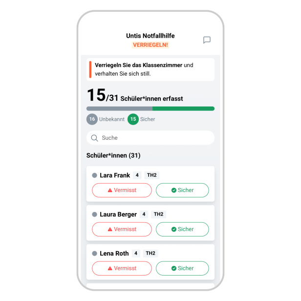 Smartphone zeigt die Untis Notfallhilfe mit Anwesenheitsstatus von Schüler*innen an.