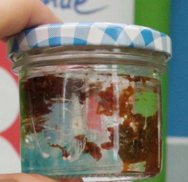 Ein Glas mit einer unbekannten braunen Substanz wird von einer Hand gehalten.