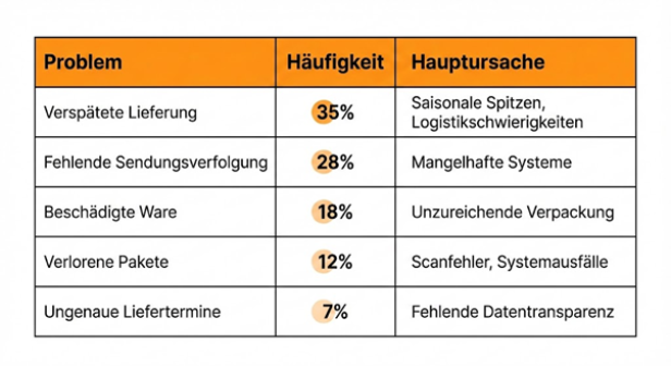 Tabelle zu Problemen, Häufigkeit und Hauptursachen bei der Lieferung von Autoteilen.