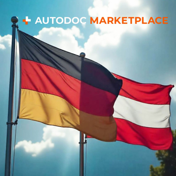 Die Flaggen von Deutschland und Österreich wehen vor blauem Himmel mit AUTODOC MARKETPLACE Schriftzug.