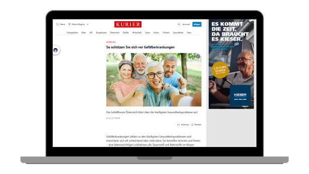Laptop mit geöffneter Nachrichtenseite, Artikel und Werbung für Gesundheitsthemen sichtbar.