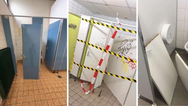 Mehrere Schultoiletten mit beschädigten Türen, Graffiti und Absperrband.