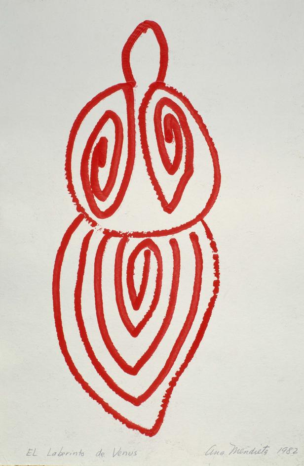 Eine rote Zeichnung von Ana Mendieta aus dem Jahr 1982 mit dem Titel „El Laberinto de Venus“.