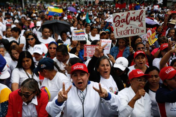 Health workers rally to demand freedom for captured president Nicolas Maduro, in Caracas