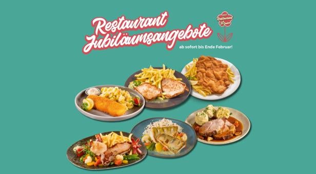 Verschiedene Jubiläums-Hauptgerichte der XXXLutz Restaurants, darunter Schnitzel, Fisch und Braten, werden als kulinarische Angebote zum 30-jährigen Jubiläum präsentiert.
