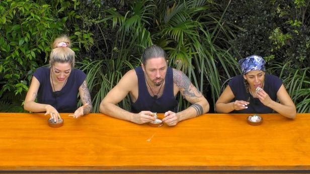 Ariel, Gil Ofarim und Eva Benetatou sitzen an einem Holztisch im Freien und essen kleine Portionen aus Schalen, umgeben von dichter Vegetation.