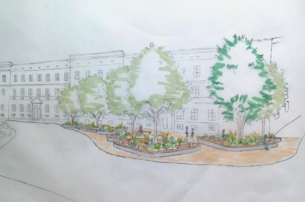 Eine Zeichnung von den Plänen für den Hafnerplatz in Krems. Darauf sind Bäume, eine Grünfläche und die Schule zu sehen.