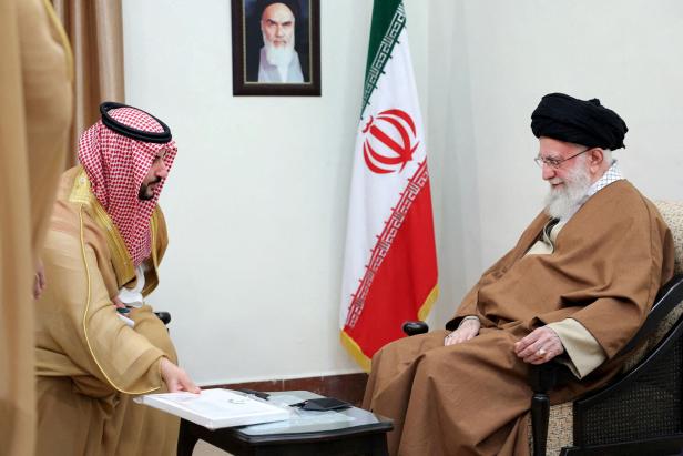 FILE PHOTO: Iran's Supreme Leader Ayatollah Ali Khamenei meets Saudi Defence Minister Prince Khalid bin Salman in Tehran