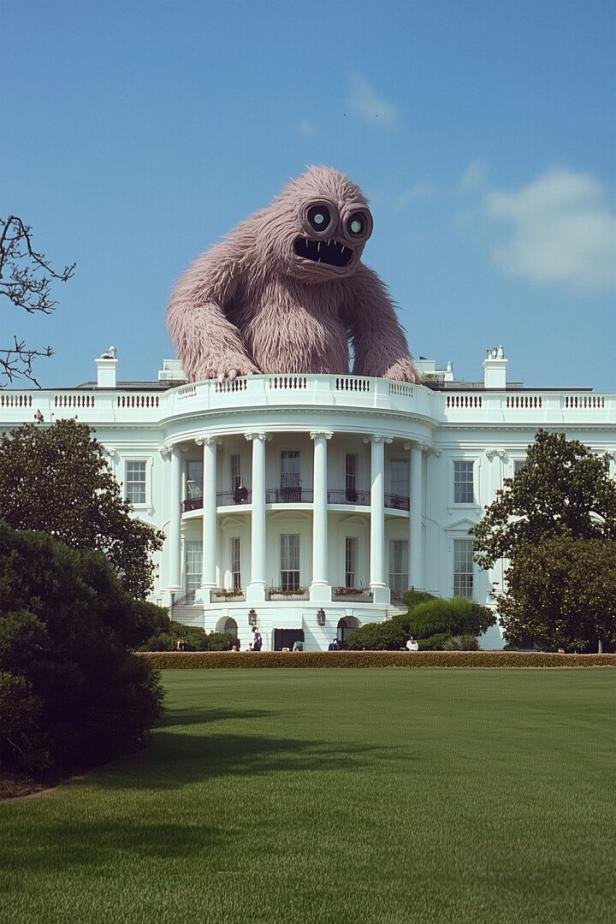 Ein riesiges, zotteliges Monster mit großen Augen sitzt auf dem Balkon eines weißen Regierungsgebäudes.