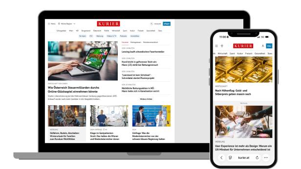 Laptop und Smartphone zeigen die Startseite von kurier.at mit redaktionell gestalteten Advertorial-Teasern und Nachrichten aus Wirtschaft und Gesellschaft.