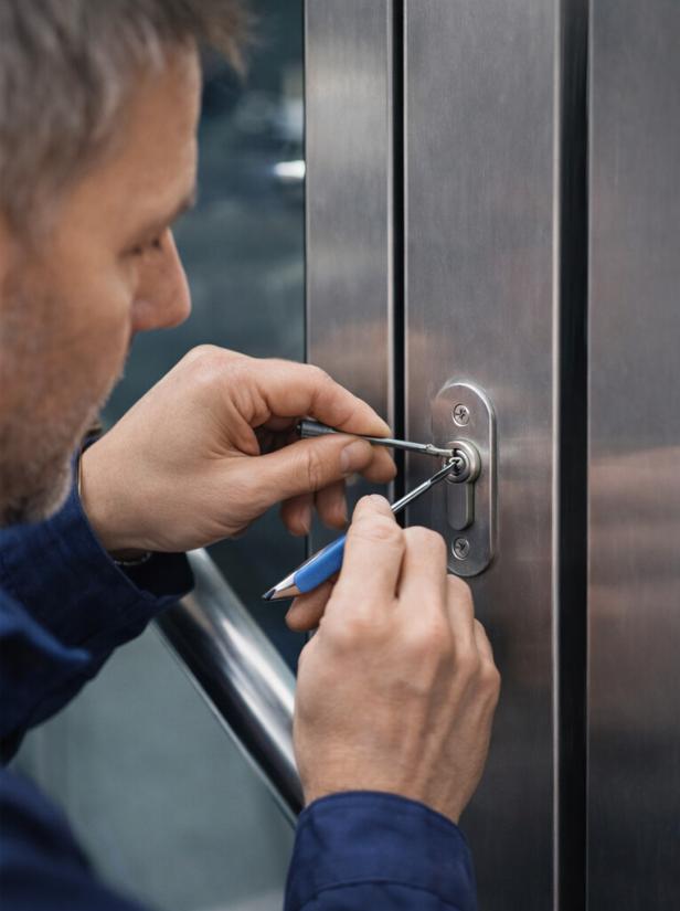 Ein Mann arbeitet an einem Schlüsselloch. 