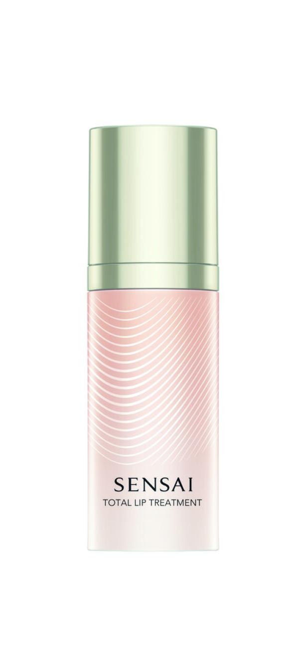 Eine elegante Flasche mit silbernem Deckel und rosafarbenem Körper, darauf steht „Sensai Total Lip Treatment“.