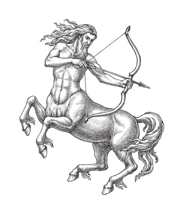 Die Zeichnung zeigt einen Zentaur mit dem Oberköper eines Menschen und dem Unterteil eines Pferds.