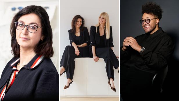 Drei Bilder. Links: Ein Portrait-Bild von Atissa Tadjadod, Brand Director Silhouette; Mitte: Zwei Frauen sitzen auf einem Kasten - Katharina Gareis & Natascha Tod Bonds & Beyond Agentur; rechts: Sitzt ein Mann lächeldn mit verschränkten Händen - Ilja Jay Lawal, Gründer & Geschäftsführer FOLLOW 