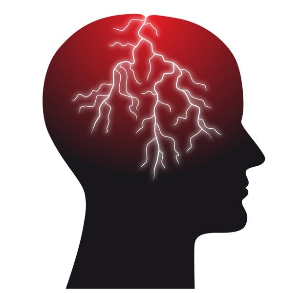 Ein stilisierter Kopf mit Blitzen im Gehirn.