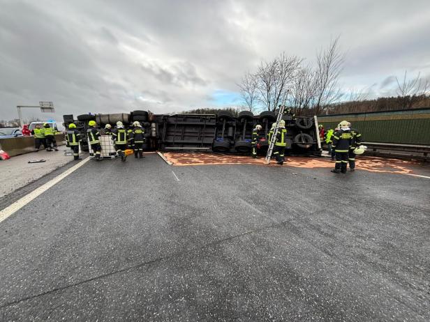 Feuerwehr bindet ausgeflossene Betriebsmittel.