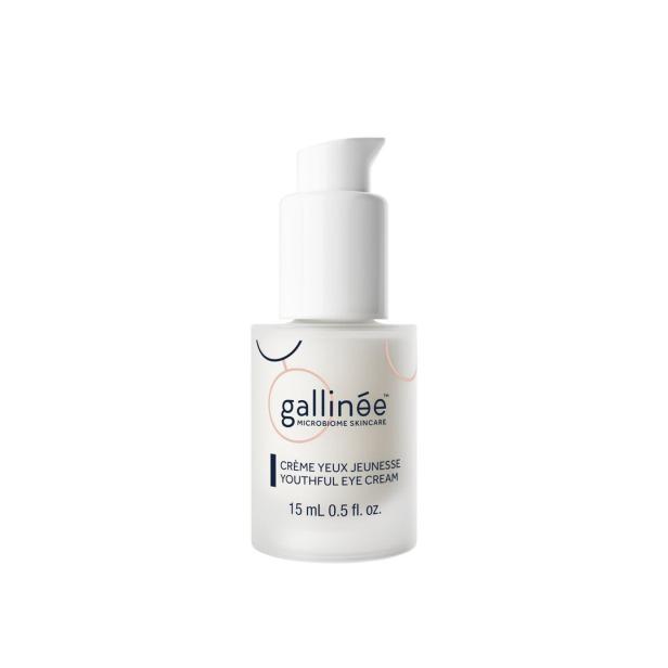 Eine Flasche Gallinée "Crème Yeux Jeunesse" Augencreme mit weißem Pumpspender steht vor einem weißen Hintergrund.
