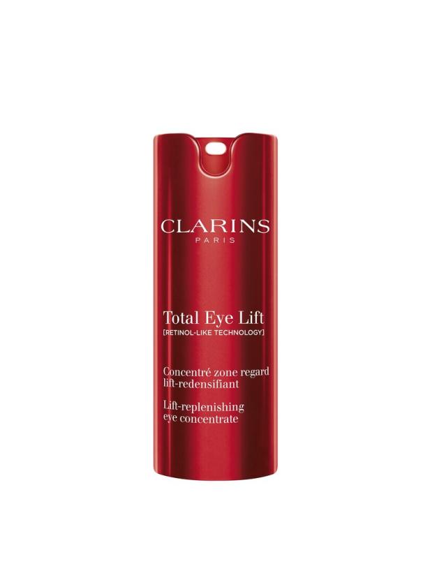 Roter Pumpspender mit weißer Aufschrift für ein Augenpflegekonzentrat von Clarins Paris.