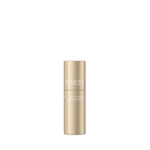 Zylindrischer, goldfarbener Behälter mit der Aufschrift „Juvena Eye Lifting Serum MasterCareRose“.