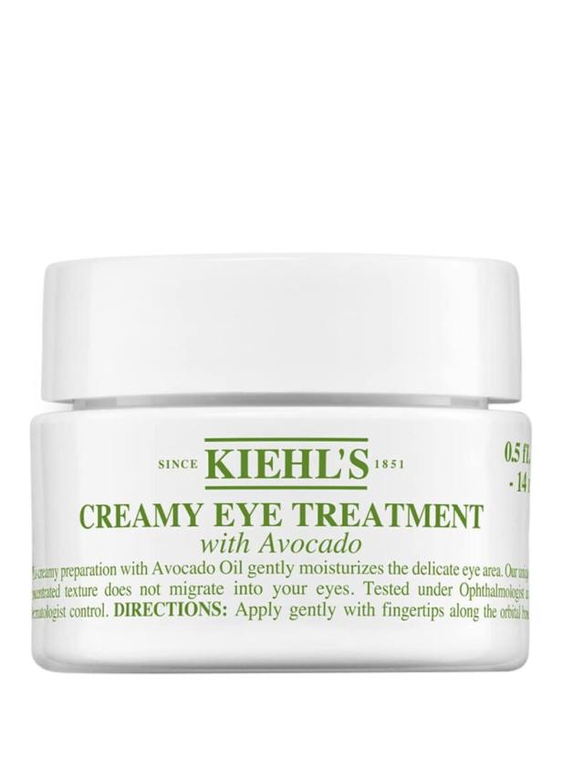 Ein weißer Tiegel "Kiehl's Creamy Eye Treatment with Avocado" steht im Fokus.