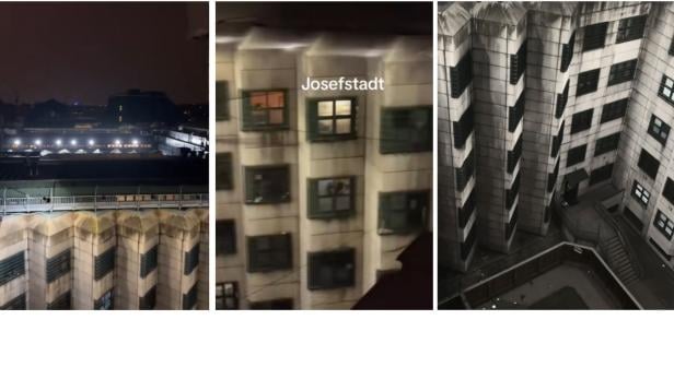 Drei Ansichten der Justizanstalt Wien-Josefstadt bei Nacht.