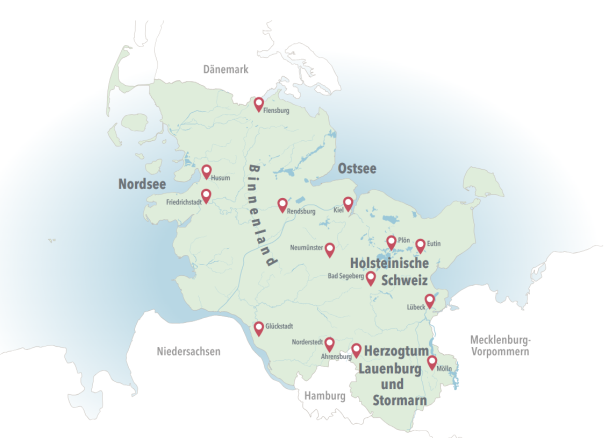 Karte von Schleswig-Holstein mit markierten Städten wie Kiel, Flensburg, Friedrichstadt, Mölln und Lübeck zwischen Nordsee und Ostsee.