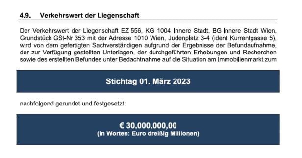 Ein Faksimile des Gutachtens. Das Haus am Judenplatz ist demnach 30 Millionen Euro wert. 