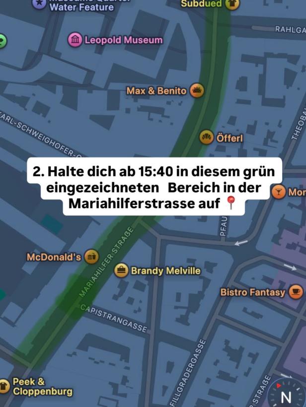Kartenausschnitt der Mariahilfer Straße mit grün markiertem Bereich für die Geldaktion.