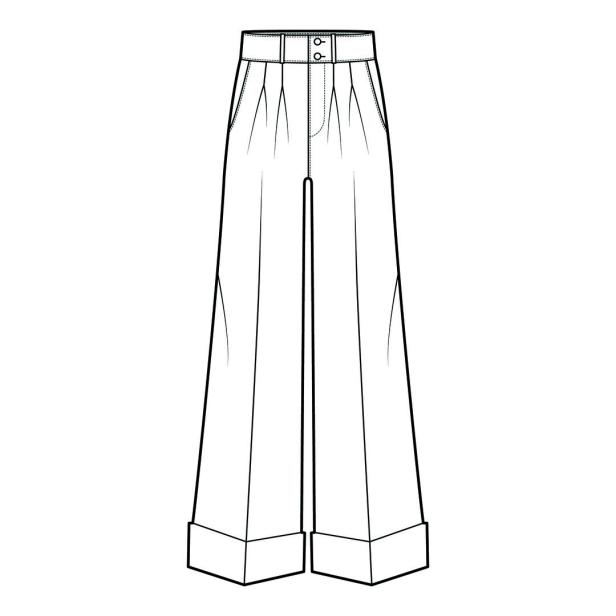 Pants oxford tailored technical fashion illustration with low waist, full length, double pleat, slant jetted pockets