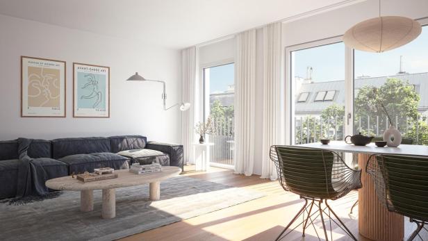 Helles Wohnzimmer mit großem Sofa, Couchtisch, Esstisch, modernen Stühlen und großen Fenstern mit Blick ins Grüne.