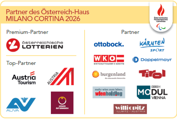 Logos und Namen der Partner des Österreich-Hauses für die Olympischen Winterspiele Milano Cortina 2026 sind dargestellt.