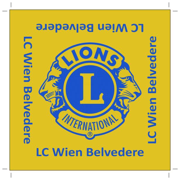 Gelbes Quadrat mit blauem Löwen-Logo der Lions und dem Text „LC Wien Belvedere“ an allen Seiten.