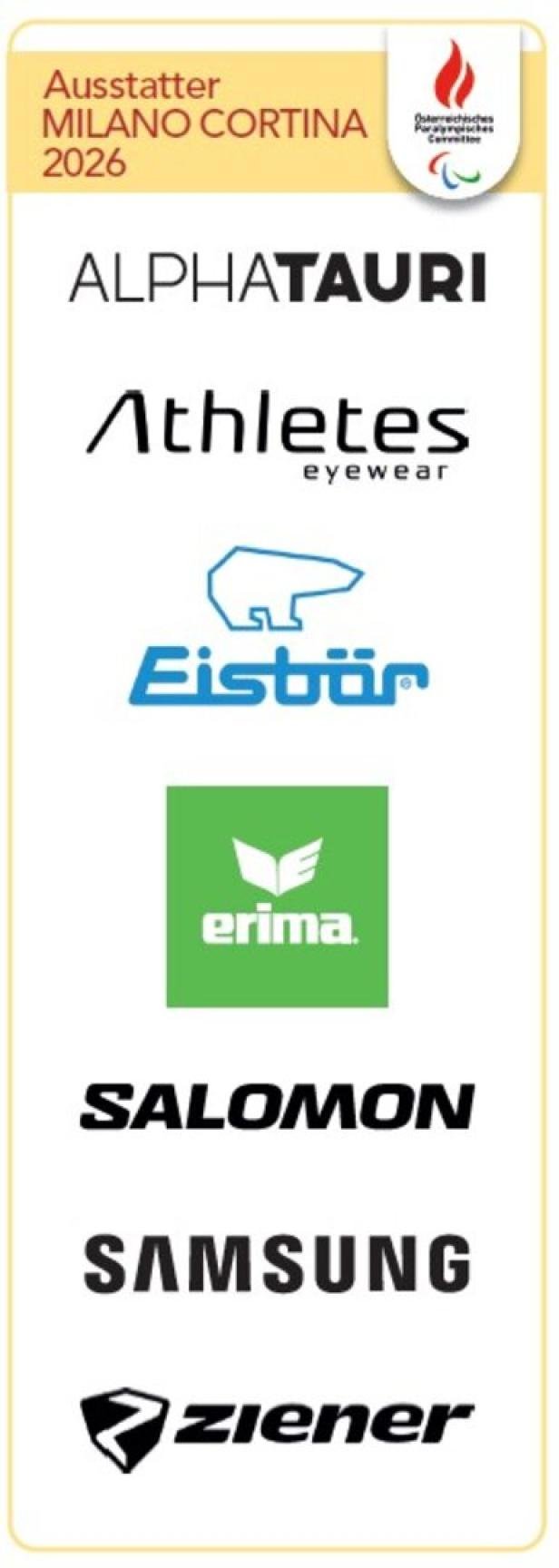 Logos und Namen mehrerer Ausrüster für die Paralympischen Winterspiele Milano Cortina 2026 sind untereinander angeordnet.