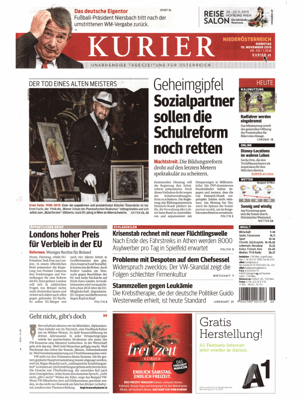 Titelseite des Kurier vom 10. November 2015 mit dem Titel „Der Tod eines alten Meisters“.