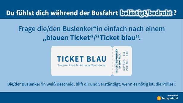 Hinweis zur Hilfe bei Belästigung oder Bedrohung im Bus durch das Codewort „Ticket blau“ für diskrete Unterstützung.