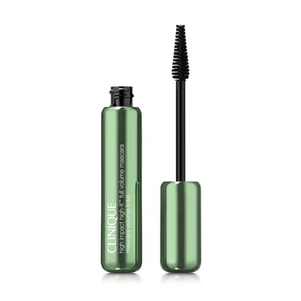 Grüne Mascara-Tube mit schwarzer Bürste, daneben steht der abgeschraubte Deckel.