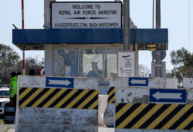 Checkpoint at RAF Akrotir RAF Akrotiri's British sovereign base, which was hit by an unmanned drone overnight, in Cyprus