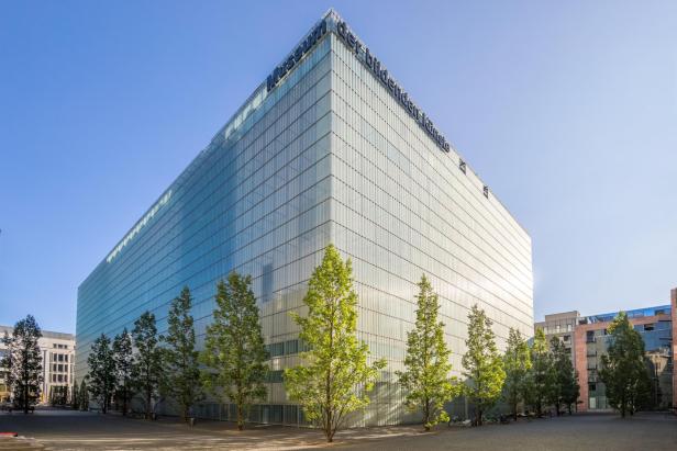  Verglaster Bau des Museum der Bildenden Künste. Bäume säumen die Hauswände auf beiden Seiten.