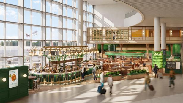 Großzügiger Gastronomiebereich mit Sitzgelegenheiten und Bar im neuen Terminal 3 des Flughafens Wien, Reisende mit Gepäck im Vordergrund.