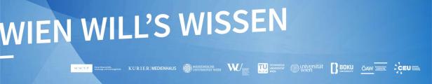 Blauer Hintergrund mit dem Schriftzug "WIEN WILL'S WISSEN" und Logos verschiedener Universitäten und Organisationen.