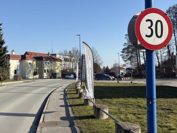 Ein rundes Verkehrsschild mit der Zahl 30 steht an einer Straße neben einer Wiese und mehreren geparkten Autos.