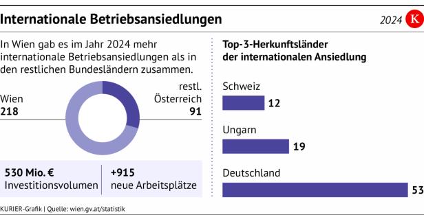 Die Grafik zeigt internationale Betriebsansiedlungen 2024, wobei Wien 218 und die restlichen Bundesländer 91 verzeichnen.