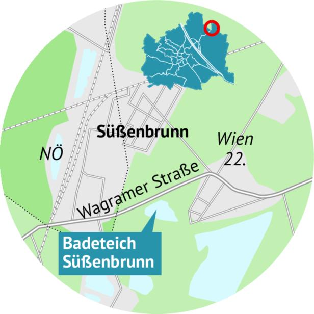 Kartenausschnitt mit Süßenbrunn, Wagramer Straße und Lage des Badeteichs Süßenbrunn im Nordosten Wiens.