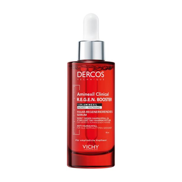 Rotes Fläschchen mit Pipette, Aufschrift „Dercos Aminexil Clinical R.E.G.E.N. Booster“ und weiteren Produktinformationen.
