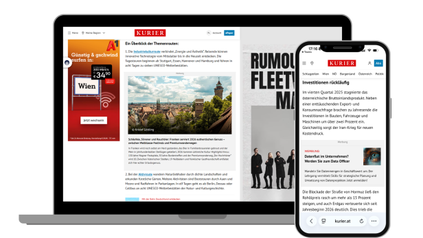 Laptop- und Handy-Screen mit Werbemitteln auf der KURIER-Seite.