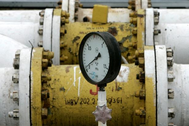 FILE PHOTO: Meter shows near zero-level pressure at a line production station on a Druzhba pipeline in Brody