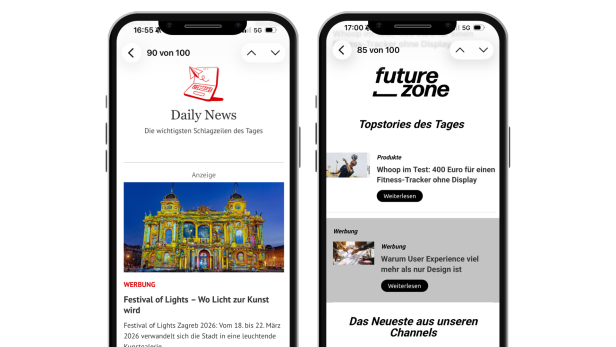 Zwei Smartphones zeigen Beispiele für Advertorials im KURIER Daily und Futurezone-Newsletter mit hervorgehobenen Werbeinhalten.